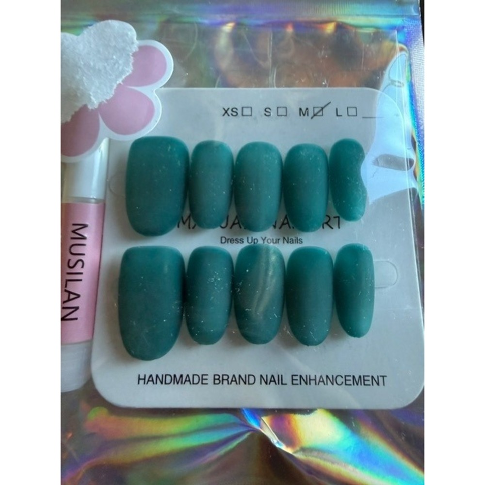 Handmade Press On Nails Matte Teal Green Short Round Nail Enhancement Set Glue